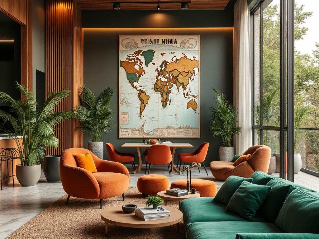 Salon moderne avec carte du monde, mobilier orange.