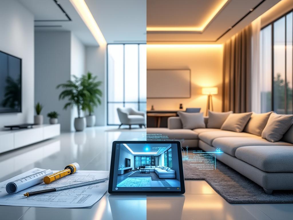 Intérieur moderne avec tablette et plans d'architecte.