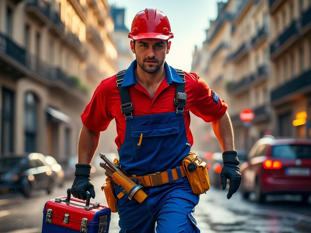 Ouvrier en casque rouge court dans la rue.